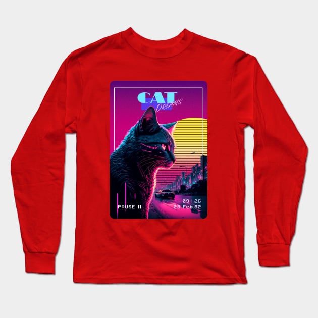 Synthwave Cat Dreams Neon Long Sleeve T-Shirt by SimonSay